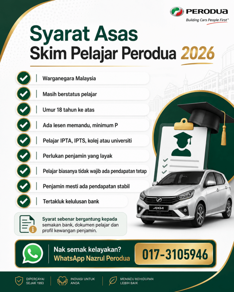 Ringkasan syarat asas Skim Pelajar Perodua 2026 untuk pelajar IPTA IPTS kolej dan universiti