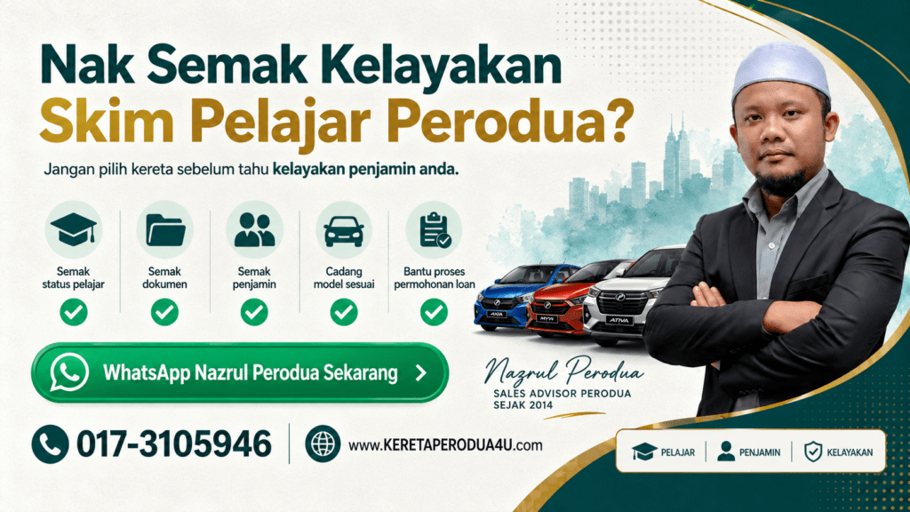 Banner WhatsApp untuk semak kelayakan Skim Pelajar Perodua bersama Nazrul Perodua