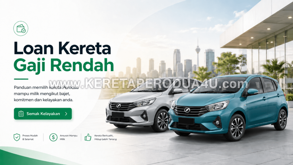 Hero banner loan kereta gaji rendah Perodua dengan pilihan model mampu milik untuk semakan bajet, komitmen dan kelayakan pembeli di Malaysia.