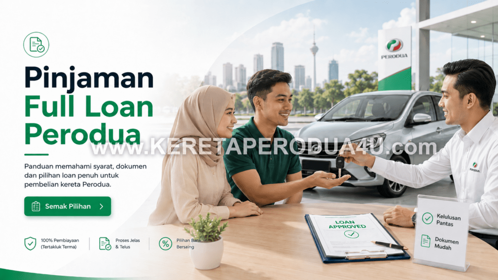 Hero banner pinjaman full loan Perodua yang menerangkan syarat, dokumen dan pilihan loan penuh untuk pembelian kereta Perodua di Malaysia.