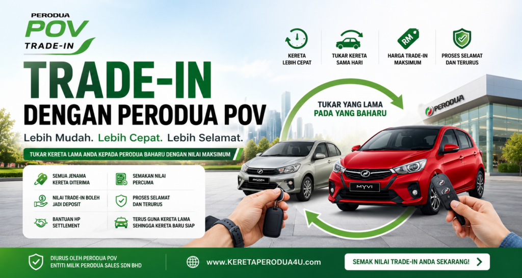 Hero image trade-in dengan Perodua POV untuk tukar kereta lama kepada Perodua baharu dengan proses selamat, nilai maksimum dan semakan percuma.