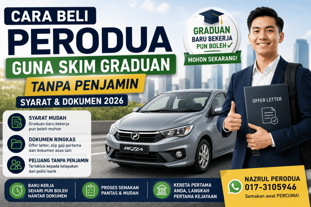Hero image cara beli Perodua guna Skim Graduan tanpa penjamin 2026 dengan offer letter, dokumen ringkas dan Bezza.