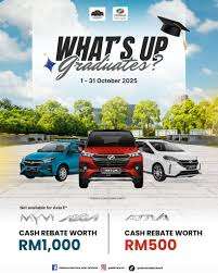 Poster promosi Perodua Whats Up Graduates Oktober 2025 dengan tawaran cash rebate untuk model Perodua terpilih seperti Axia, Ativa dan Bezza